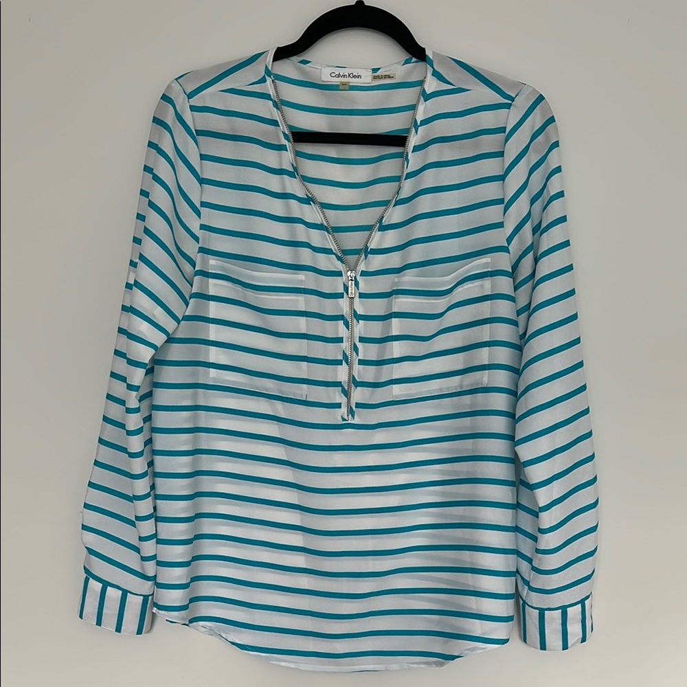 Calvin Klein Aqua and White Striped Blouse